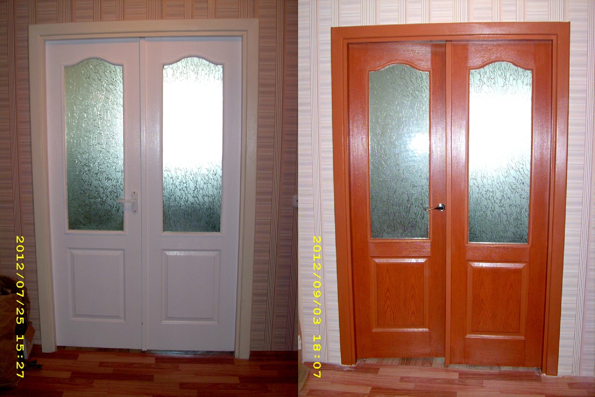 Двойная распашная дверь в зал до и после проведения работ